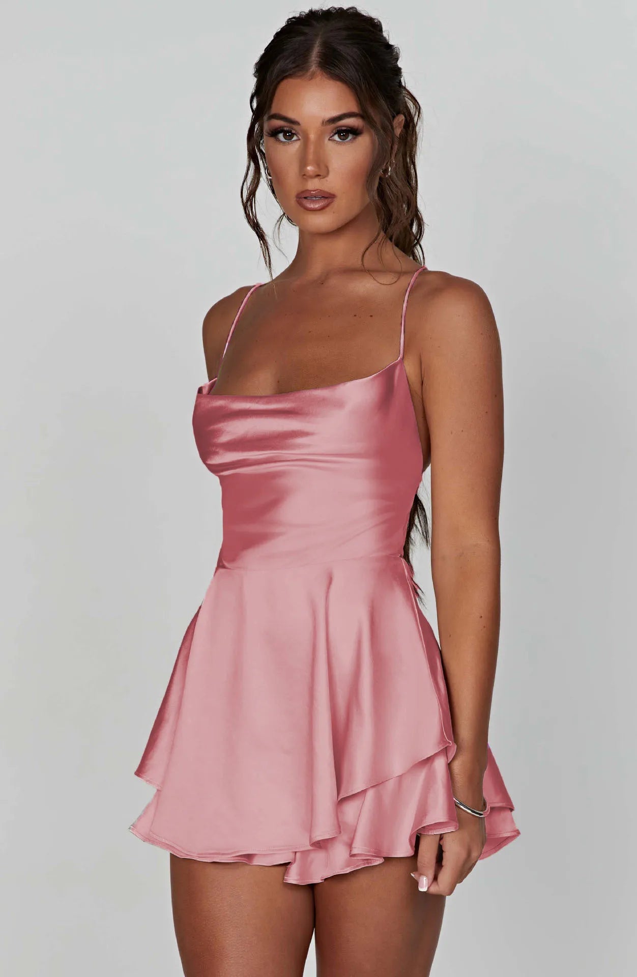 New satin backless strap  dress