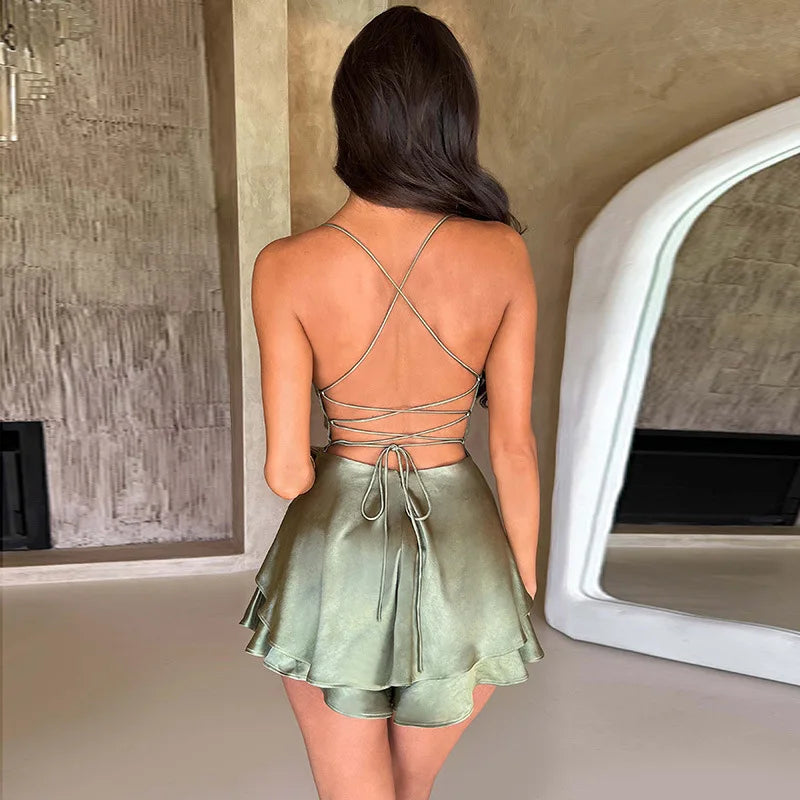 New satin backless strap  dress