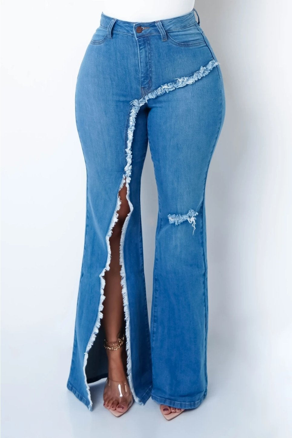 Elastic Ripped Flared Jeans